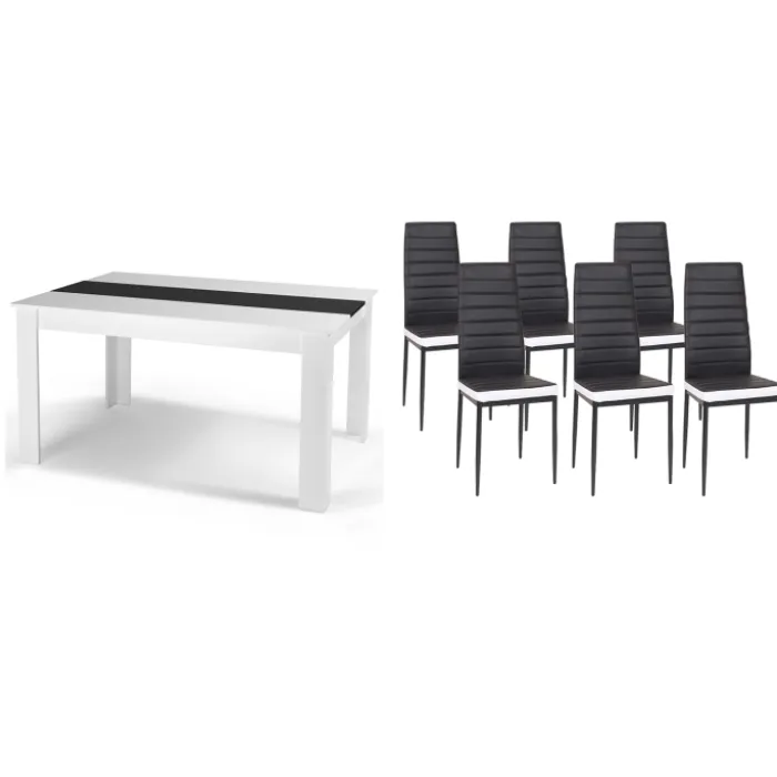 Table à manger blanche et noire 140 cm et 6 chaises noires liseré blanc