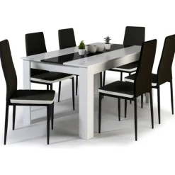 Table à manger blanche et noire 140 cm et 6 chaises noires liseré blanc