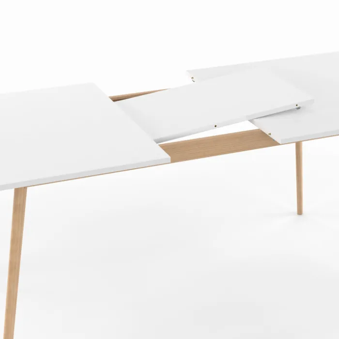 Table à manger blanche extensible 160-200 cm et 6 chaises scandinaves bois et blanc