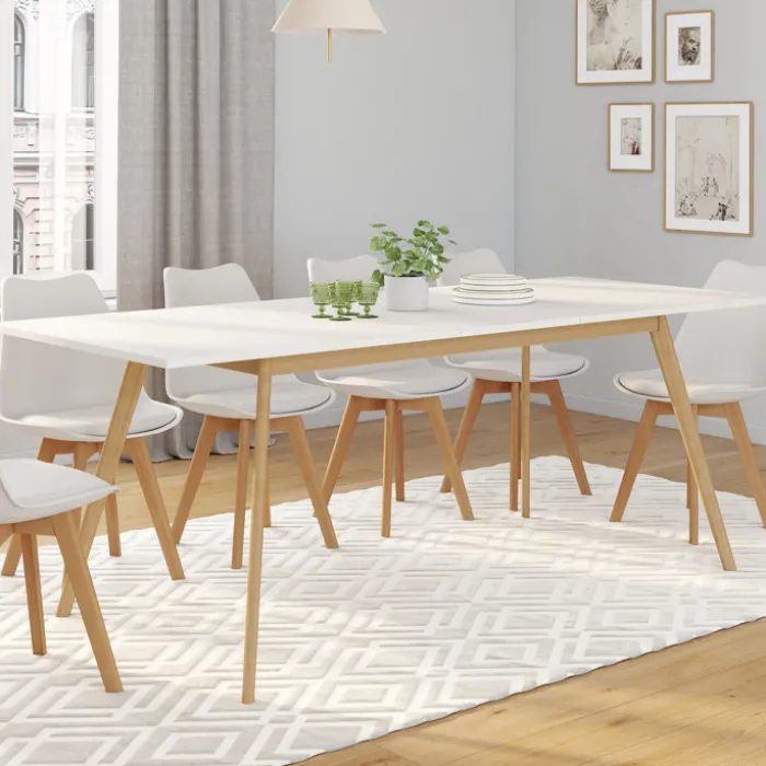 Table à manger blanche extensible 160-200 cm et 6 chaises scandinaves bois et blanc