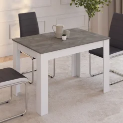 Table à manger blanche rectangle plateau effet béton 4 personnes