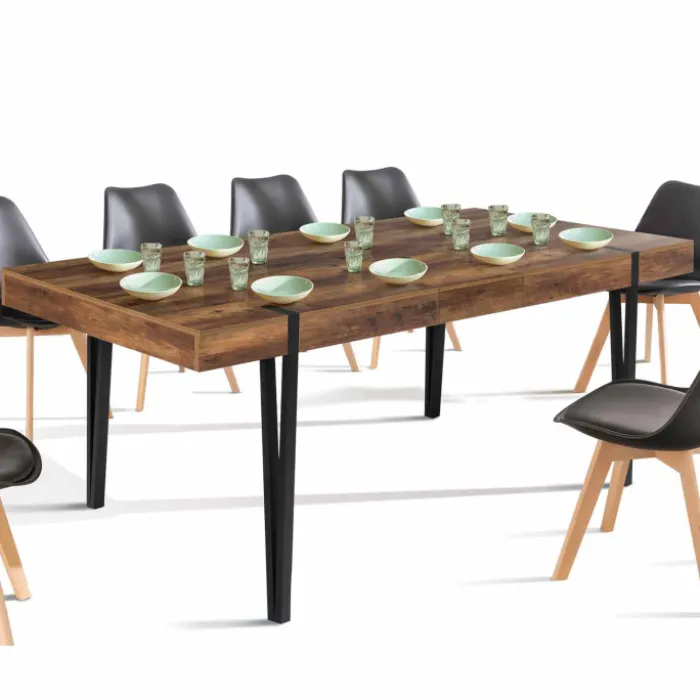 Table à manger bois foncé extensible 6-10 personnes avec pied épingle