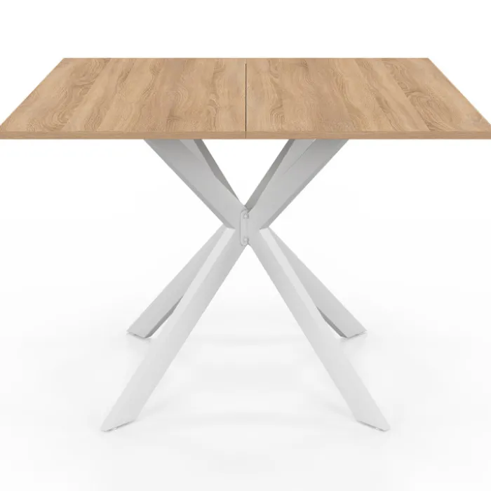 Table à manger carrée 110 cm 8 personnes plateau en bois avec pied araignée en métal blanc