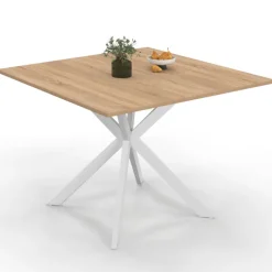 Table à manger carrée 110 cm 8 personnes plateau en bois avec pied araignée en métal blanc