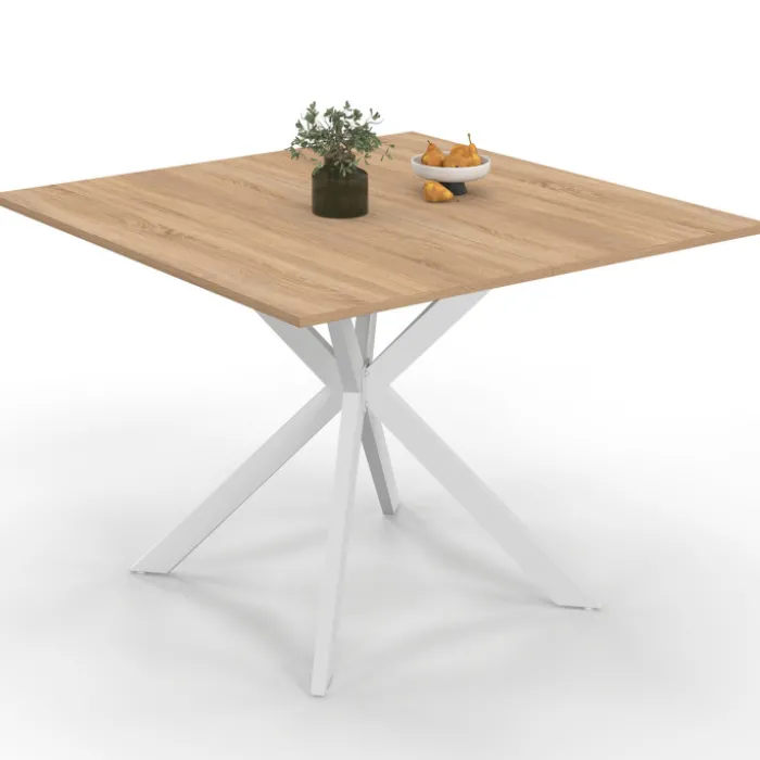 Table à manger carrée 110 cm 8 personnes plateau en bois avec pied araignée en métal blanc