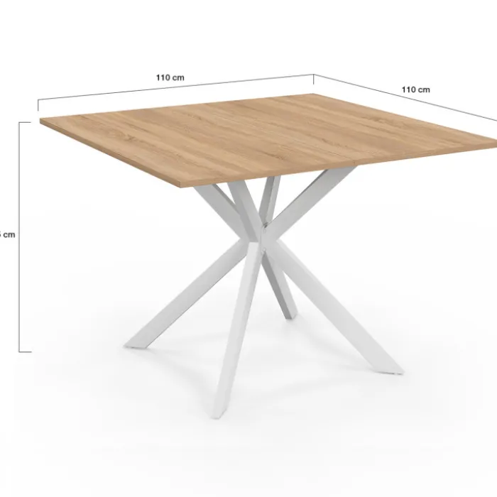 Table à manger carrée 110 cm 8 personnes plateau en bois avec pied araignée en métal blanc