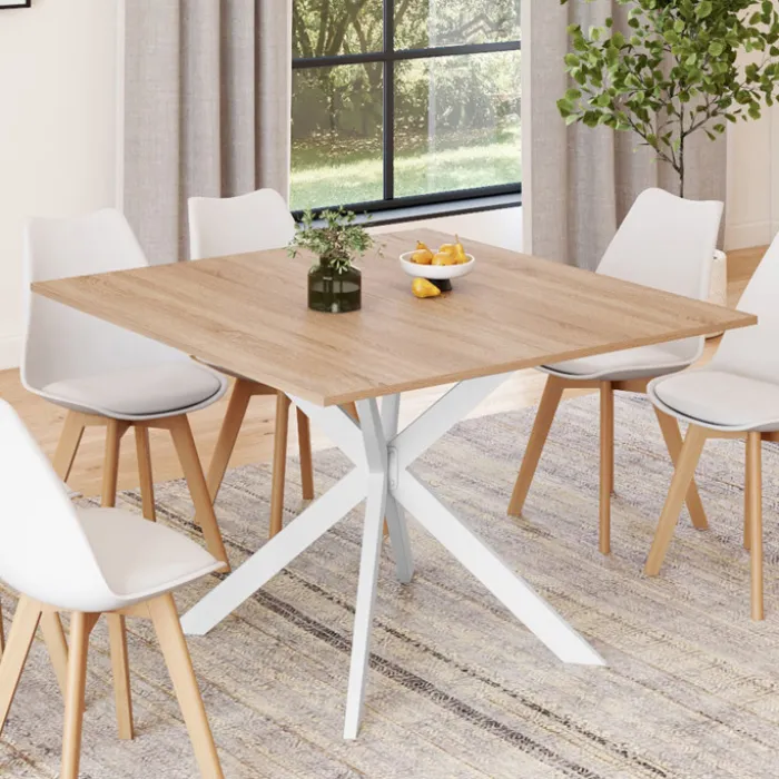 Table à manger carrée 110 cm 8 personnes plateau en bois avec pied araignée en métal blanc
