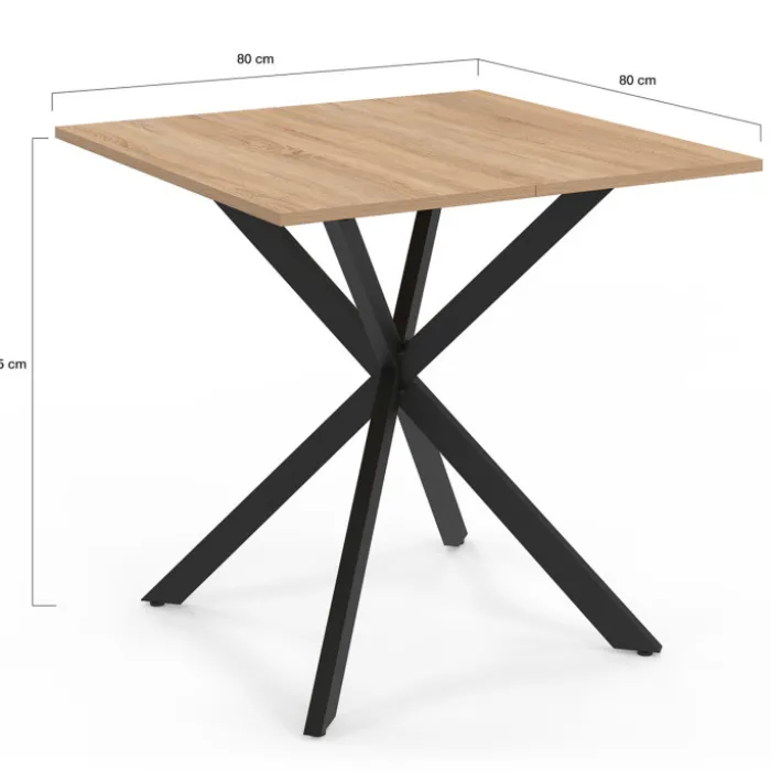 Table à manger carrée 80 cm 4 personnes en bois et pied araignée en métal noir