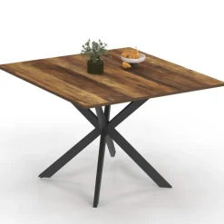 Table à manger carrée 110 cm 8 personnes plateau en bois foncé avec pied araignée en métal noir