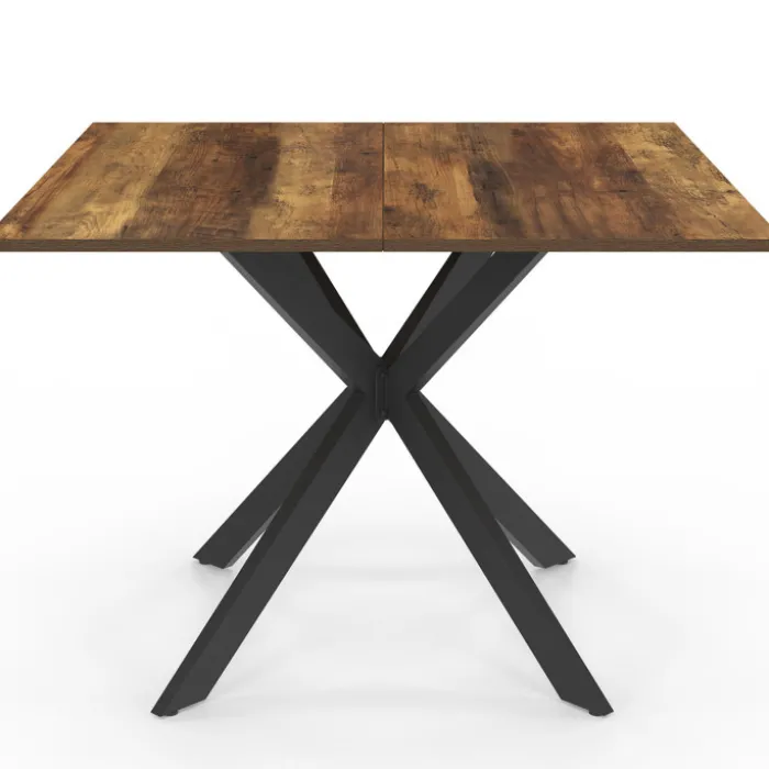 Table à manger carrée 110 cm 8 personnes plateau en bois foncé avec pied araignée en métal noir