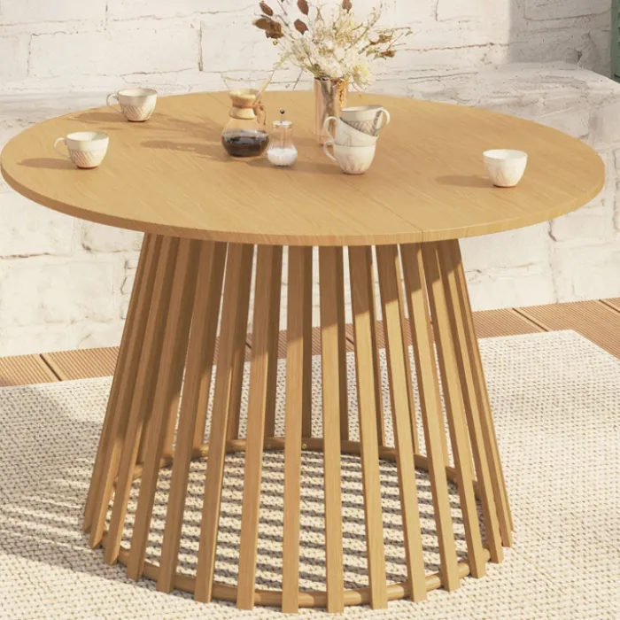 Table à manger de jardin ronde 120 cm 6 personnes avec pied lattes en métal effet bois