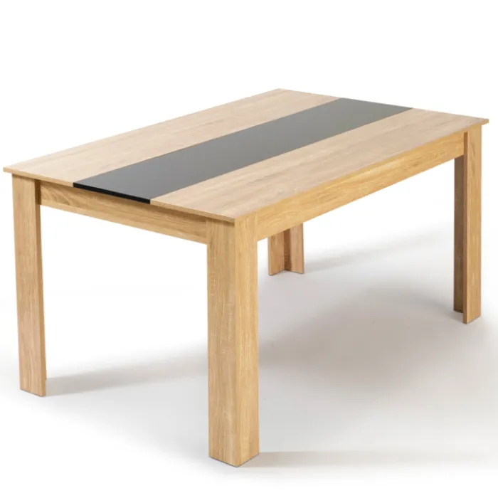 Table à manger en bois imitation hêtre et noir 140 cm et 6 chaises noires