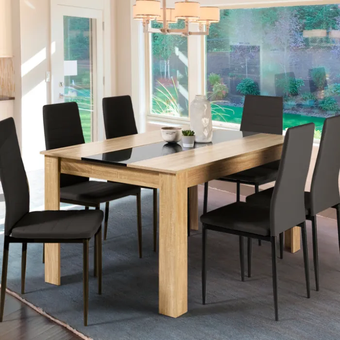 Table à manger en bois imitation hêtre et noir 140 cm et 6 chaises noires