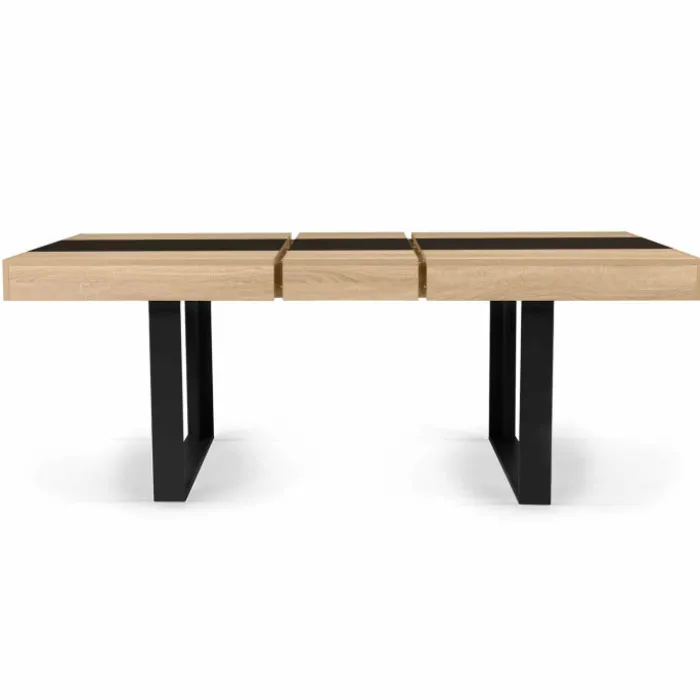 Table à manger extensible 4-8 personnes bois et bande centrale noire