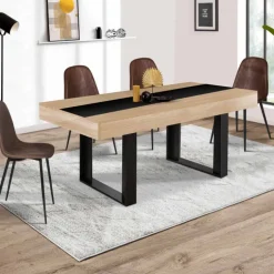 Table à manger extensible 4-8 personnes bois et bande centrale noire
