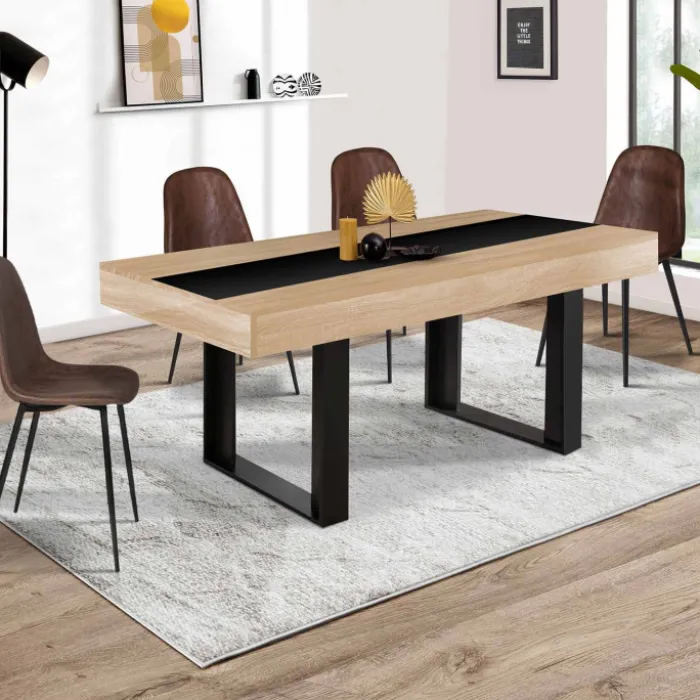 Table à manger extensible 4-8 personnes bois et bande centrale noire