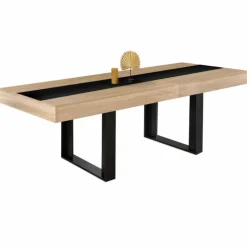 Table à manger extensible 4-8 personnes bois et bande centrale noire