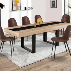 Table à manger extensible 4-8 personnes bois et bande centrale noire
