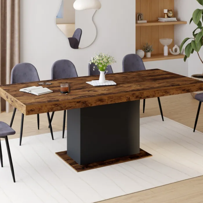 Table à manger extensible bois effet vieilli et noir 6-10 personnes 160-200 cm