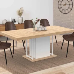 Table à manger extensible rectangulaire bois façon hêtre et blanc