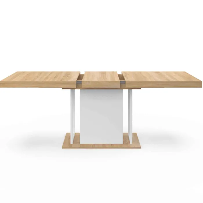 Table à manger extensible rectangulaire bois façon hêtre et blanc