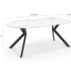 Table à manger extensible ronde 4-10 personnes pied araignée noir plateau effet marbre blanc 110-200 cm