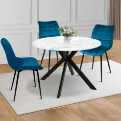Table à manger extensible ronde 4-10 personnes pied araignée noir plateau effet marbre blanc 110-200 cm