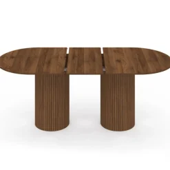Table à manger extensible ovale JULIETTE 6-10 personnes pieds cylindriques lattes tasseau bois coloris noyer 160-200 cm