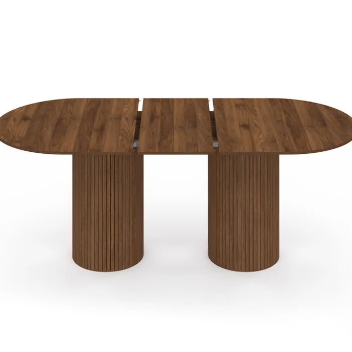Table à manger extensible ovale JULIETTE 6-10 personnes pieds cylindriques lattes tasseau bois coloris noyer 160-200 cm