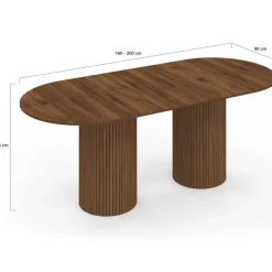 Table à manger extensible ovale JULIETTE 6-10 personnes pieds cylindriques lattes tasseau bois coloris noyer 160-200 cm