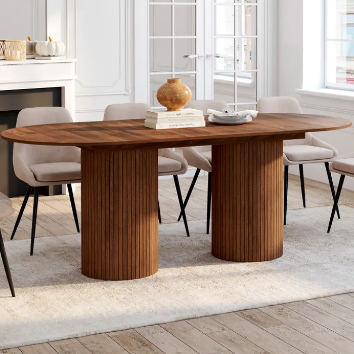 Table à manger extensible ovale JULIETTE 6-10 personnes pieds cylindriques lattes tasseau bois coloris noyer 160-200 cm