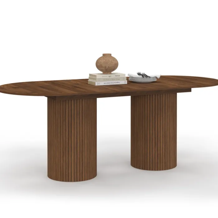 Table à manger extensible ovale JULIETTE 6-10 personnes pieds cylindriques lattes tasseau bois coloris noyer 160-200 cm