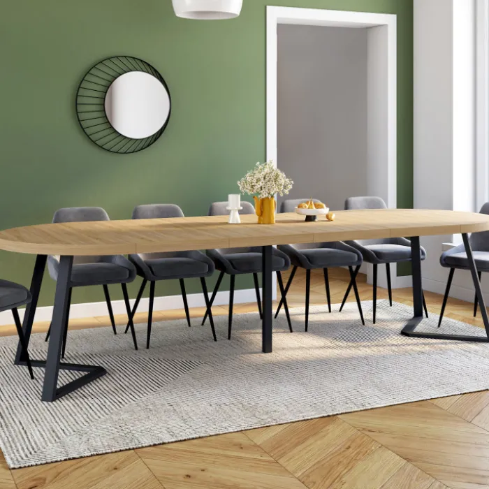 Table à manger extensible ronde SELMA 4-10 personnes bois effet hêtre 110-300 cm
