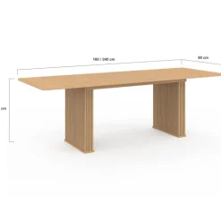 Table à manger extensible rectangle 6-12 personnes pieds lattes tasseau bois coloris chêne 160-240 cm