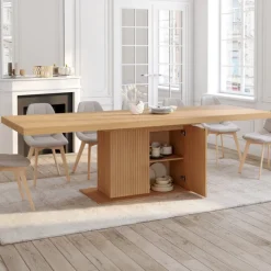 Table à manger extensible rectangle 8-12 personnes pied central effet lattes avec rangement 200-250 cm