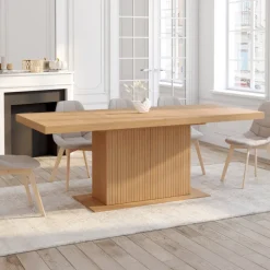 Table à manger extensible rectangle 8-12 personnes pied central effet lattes avec rangement 200-250 cm