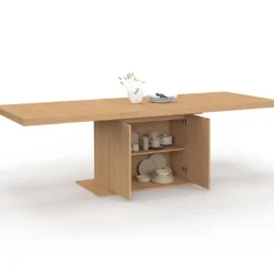 Table à manger extensible rectangle 8-12 personnes pied central effet lattes avec rangement 200-250 cm