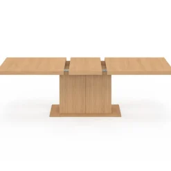 Table à manger extensible rectangle 8-12 personnes pied central effet lattes avec rangement 200-250 cm