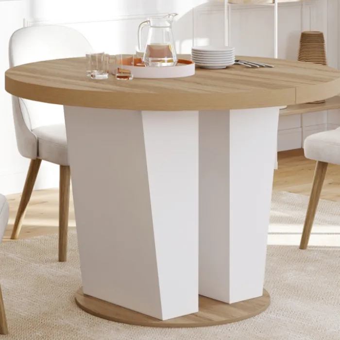 Table à manger extensible ronde 4-8 personnes bois et blanc 110-150 cm
