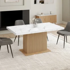 Table à manger extensible rectangle 6-10 personnes plateau effet marbre lattes tasseau bois avec rangement 160-200 cm