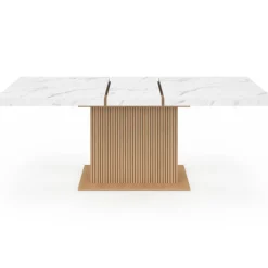 Table à manger extensible rectangle 6-10 personnes plateau effet marbre lattes tasseau bois avec rangement 160-200 cm