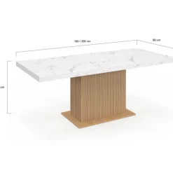 Table à manger extensible rectangle 6-10 personnes plateau effet marbre lattes tasseau bois avec rangement 160-200 cm