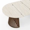 Table à manger extensible ronde 4-10 personnes pied noyer en lattes et plateau effet travertin 110-200 cm