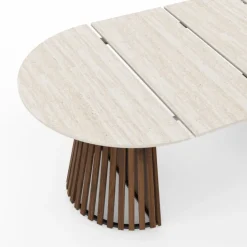 Table à manger extensible ronde 4-10 personnes pied noyer en lattes et plateau effet travertin 110-200 cm