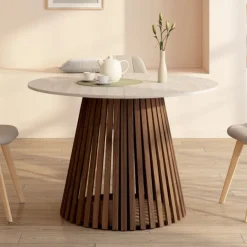 Table à manger extensible ronde 4-10 personnes pied noyer en lattes et plateau effet travertin 110-200 cm