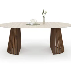 Table à manger extensible ronde 4-10 personnes pied noyer en lattes et plateau effet travertin 110-200 cm