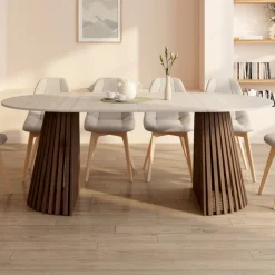 Table à manger extensible ronde 4-10 personnes pied noyer en lattes et plateau effet travertin 110-200 cm