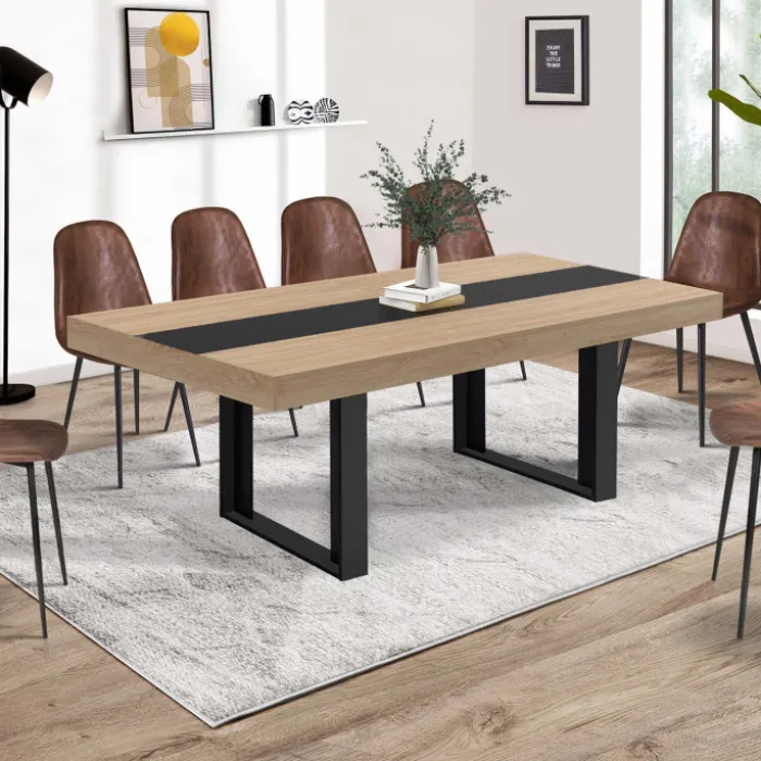 Table à manger extensible bois et bande centrale noire
