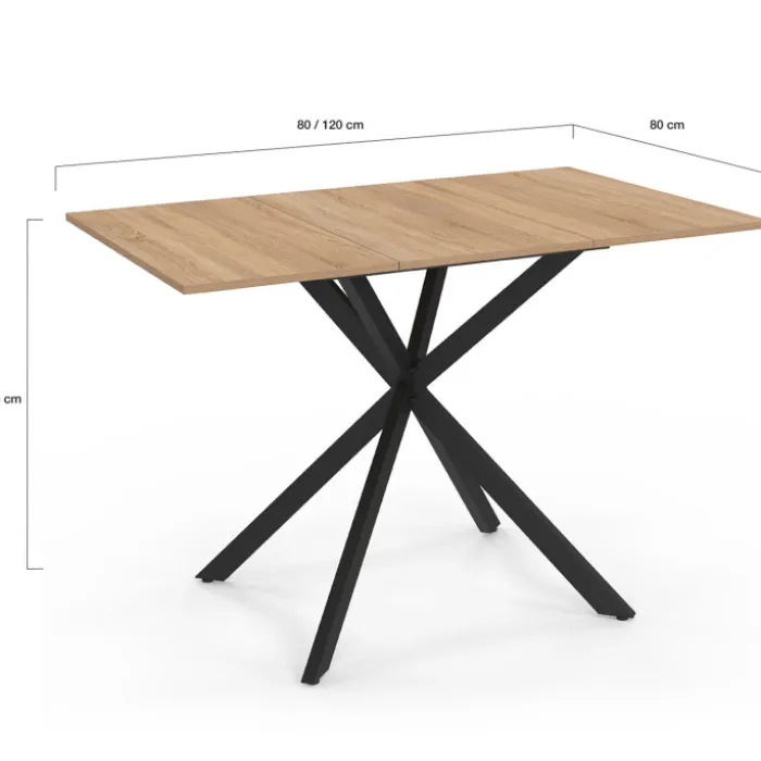 Table à manger extensible carrée 80-120 cm 4-6 personnes pied araignée bois et noir