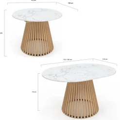 Table à manger extensible ronde 4-8 personnes pied bois en lattes et plateau marbre blanc 110 - 150 cm